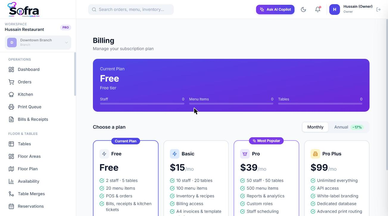 The Billing page with plans, usage and the monthly/annual switch.
