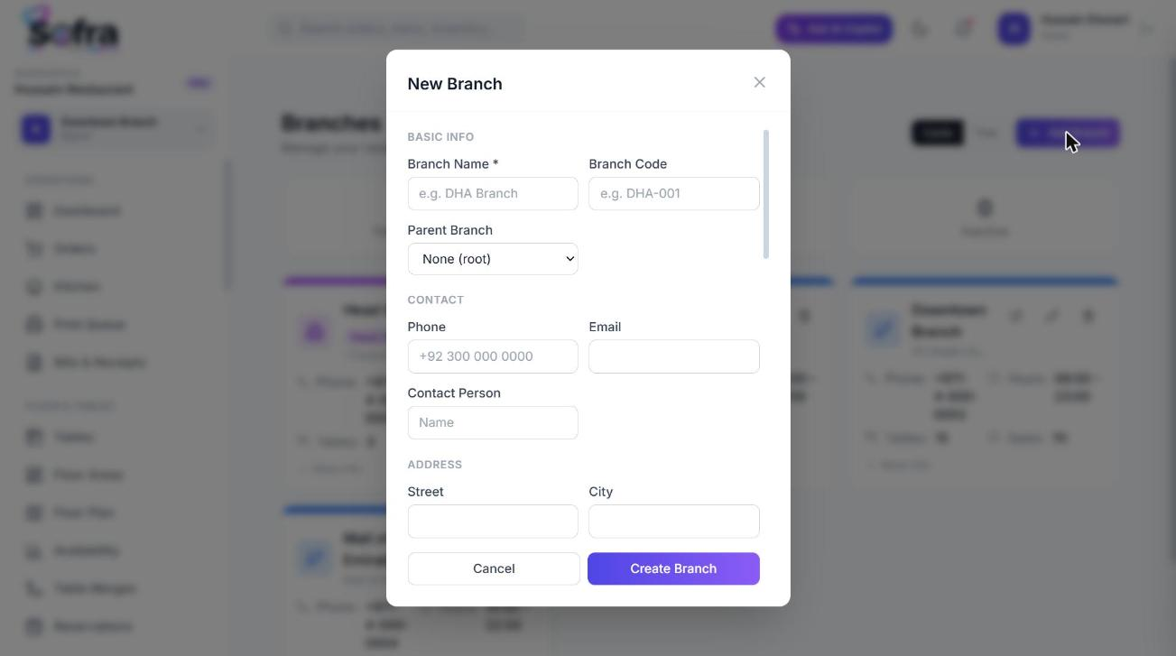 The branch form: details, hours, tax and billing defaults.
