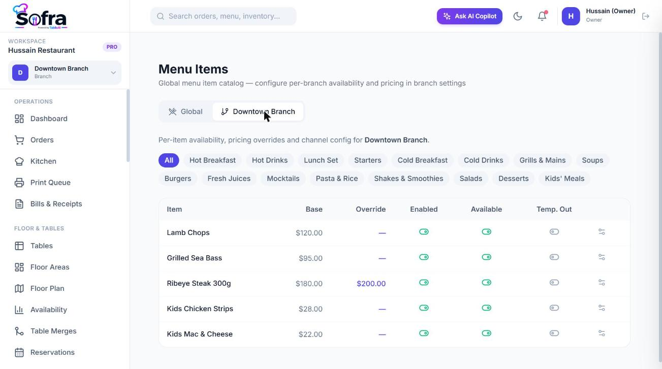 Branch menu config: enable, override price and mark temporarily out.
