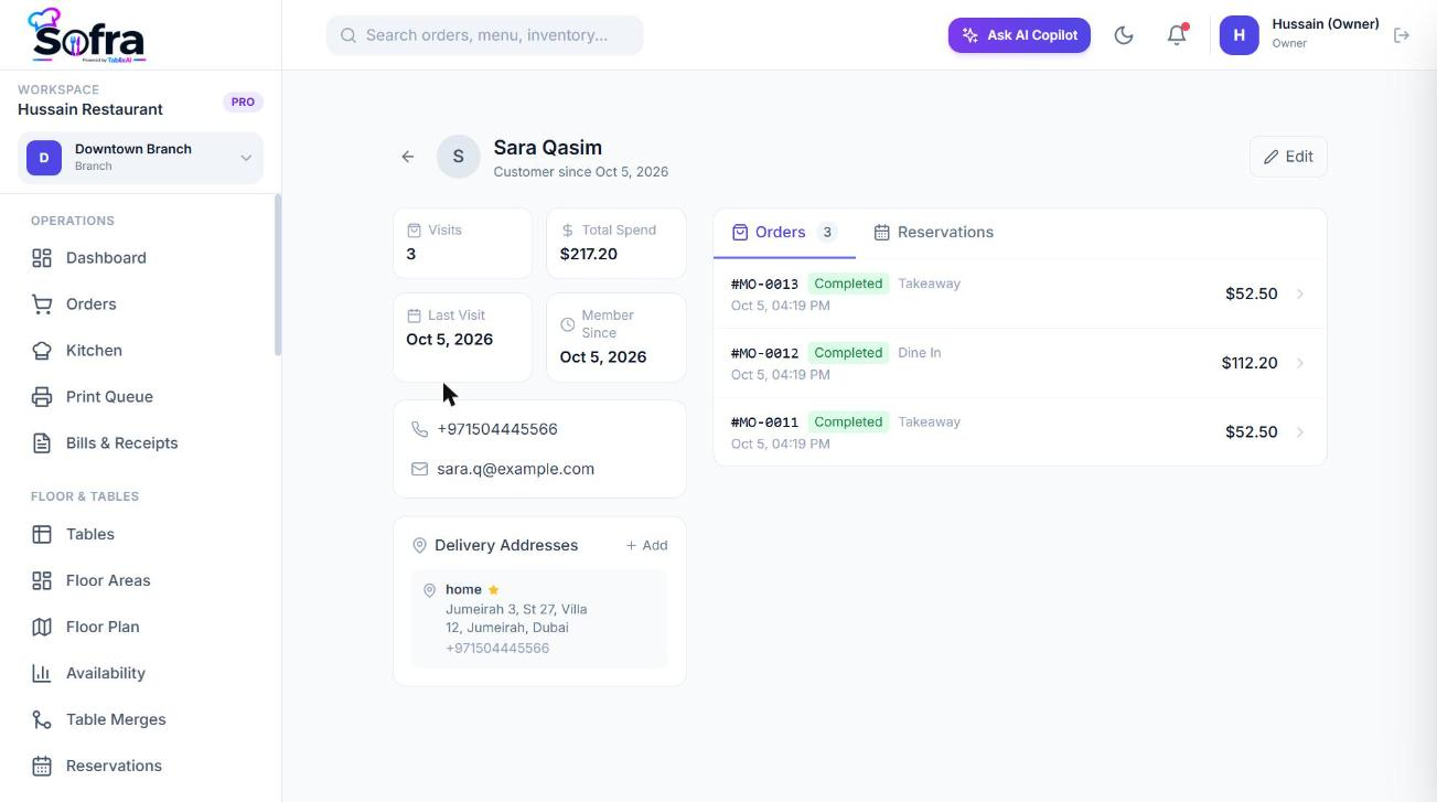 A customer profile with Orders and Reservations tabs.