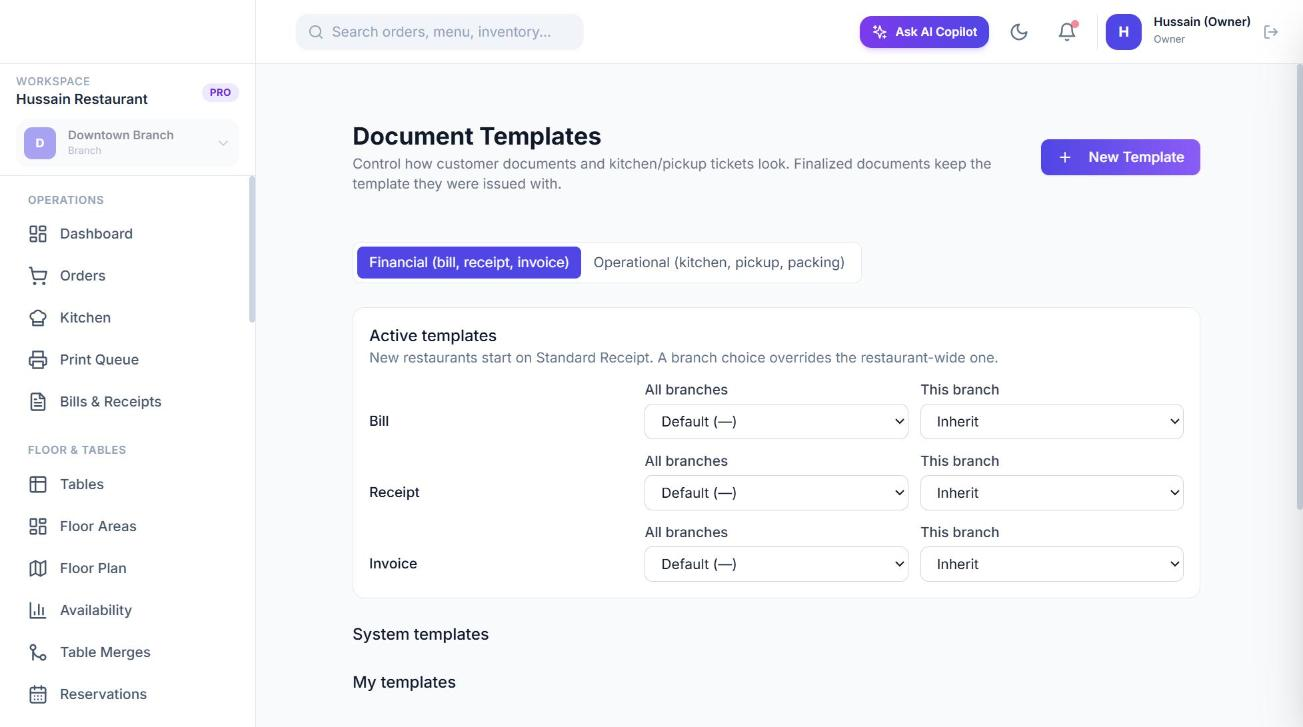 Document templates: system templates and a live preview.