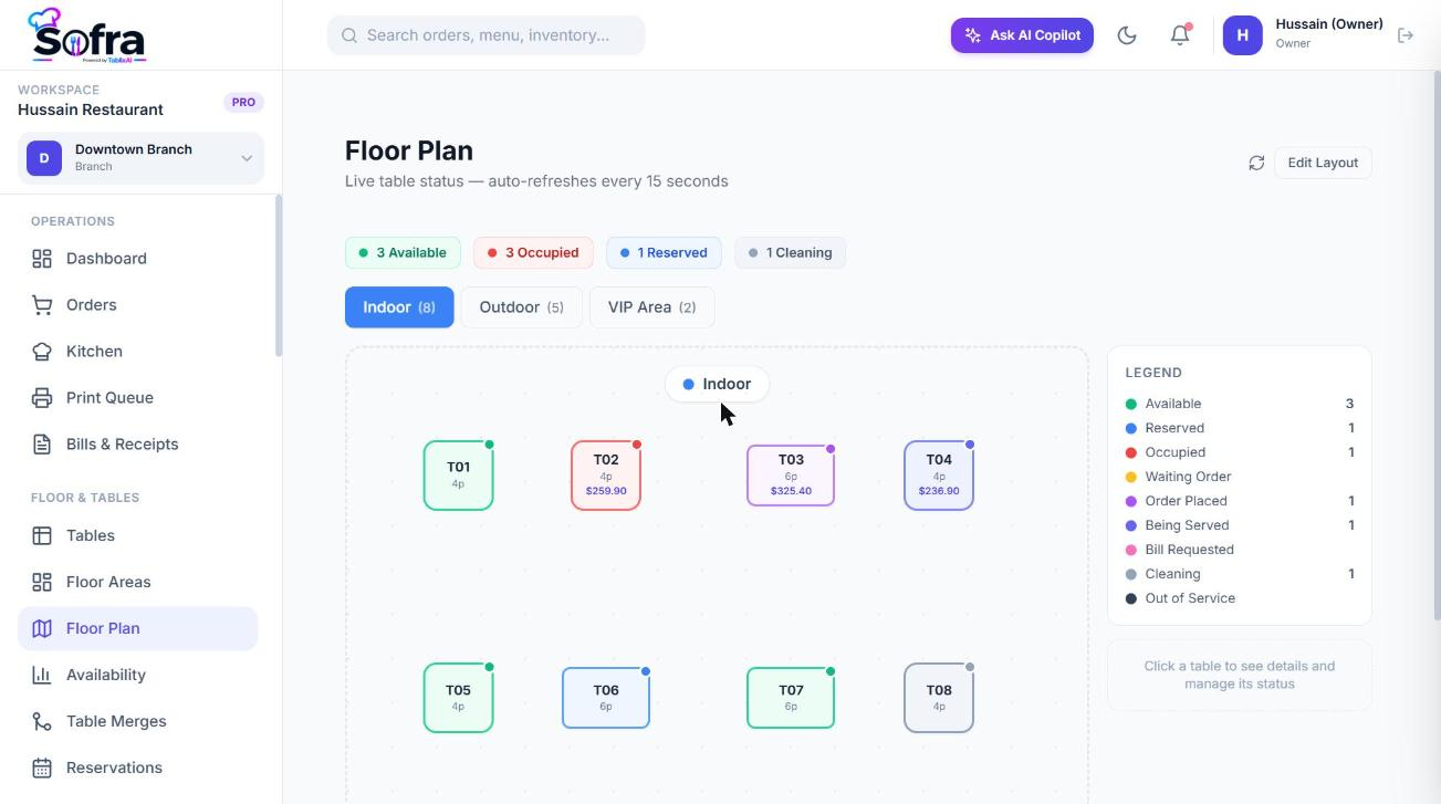 The floor plan with coloured tables showing live status.