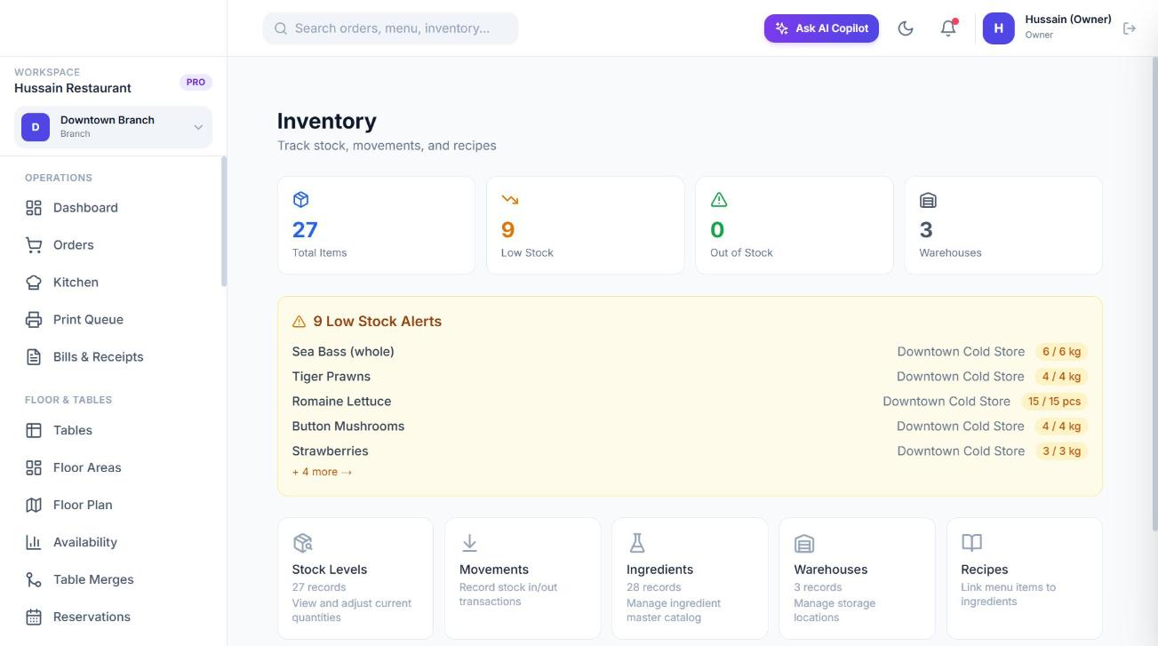 Inventory overview: total items, low stock, and shortcuts.