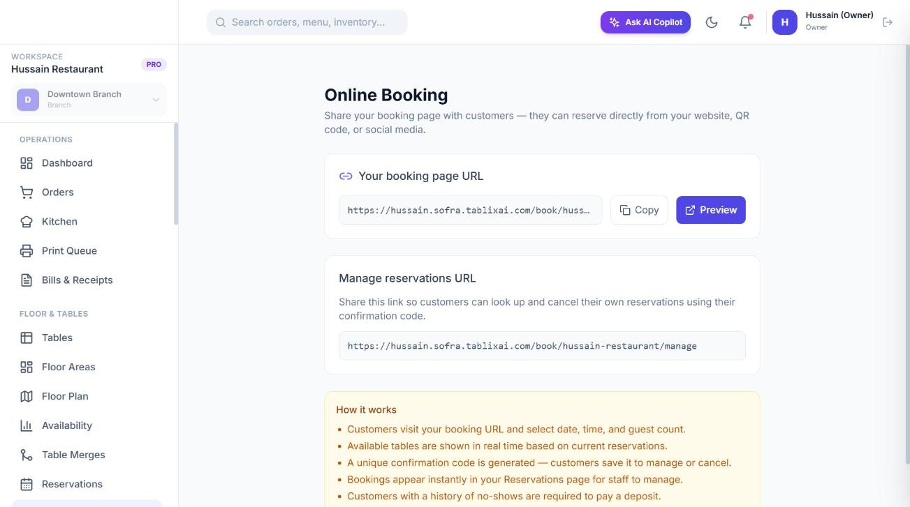 The Online Booking settings page with the booking and manage links.