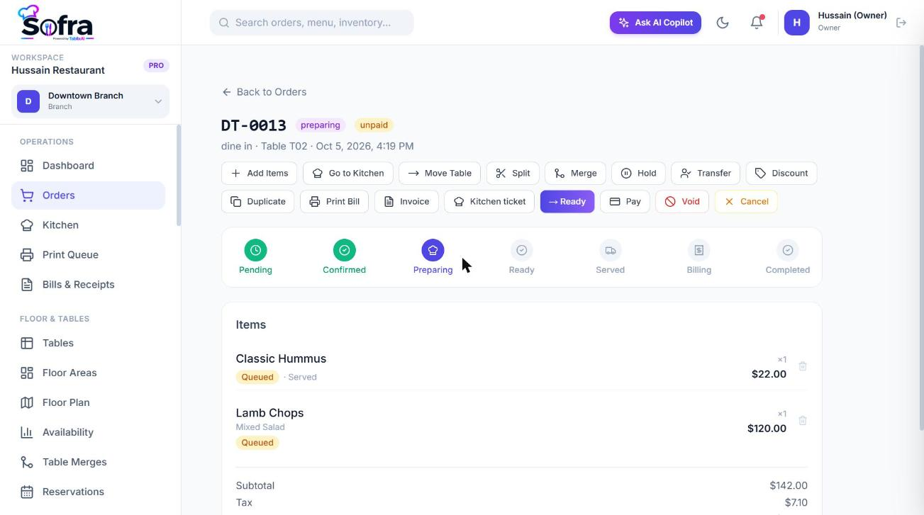 The order page with items, totals, payments and action buttons.