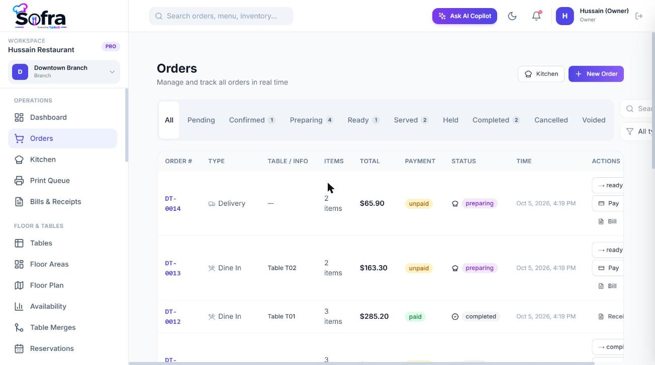 The Orders list with status tabs.