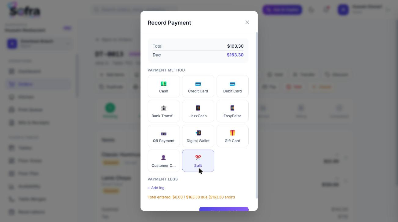 The payment dialog with split payment legs.