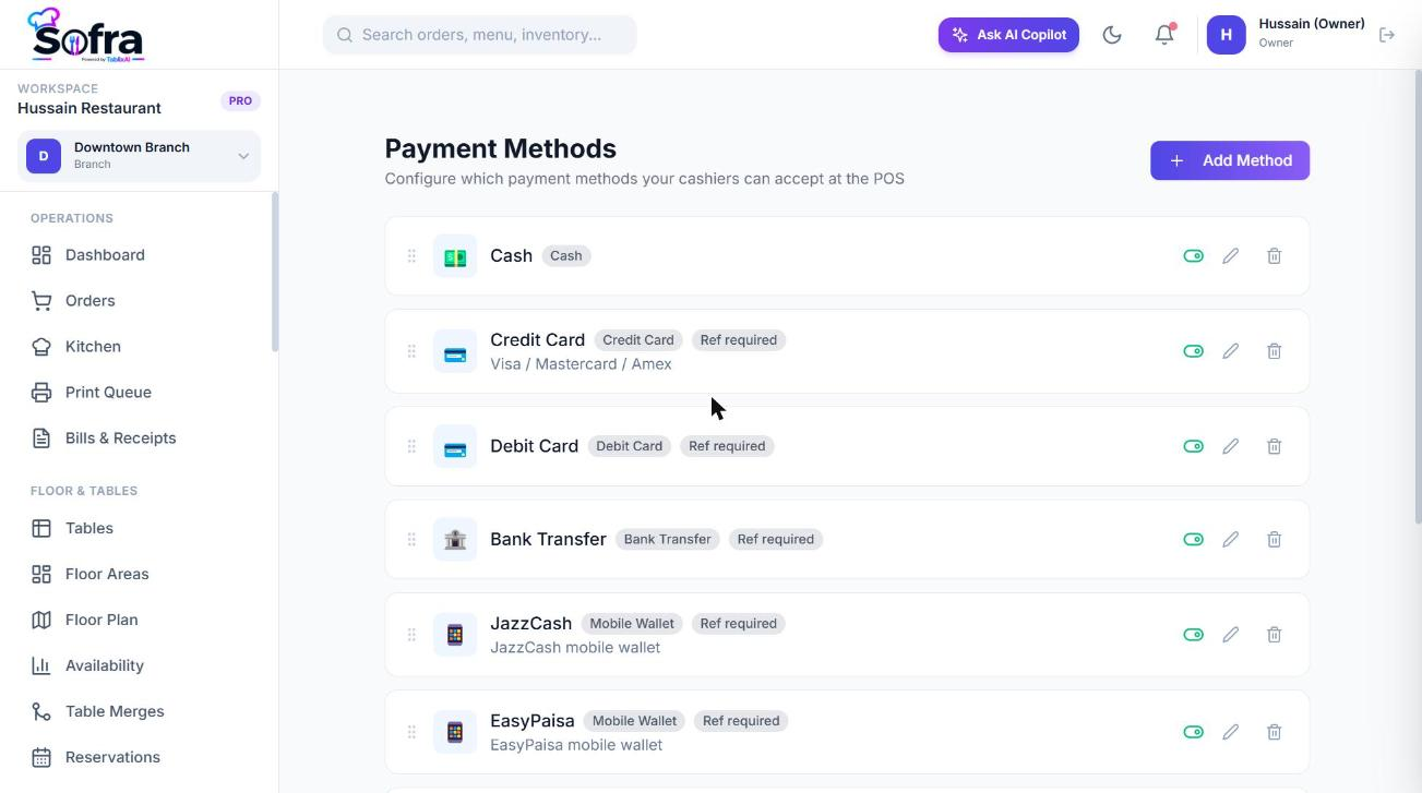 Payment methods list.