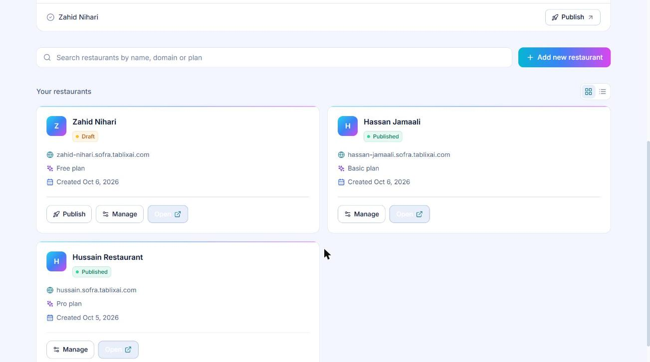 The owner portal after sign-up: your restaurants, with Publish and Open actions on each card.
