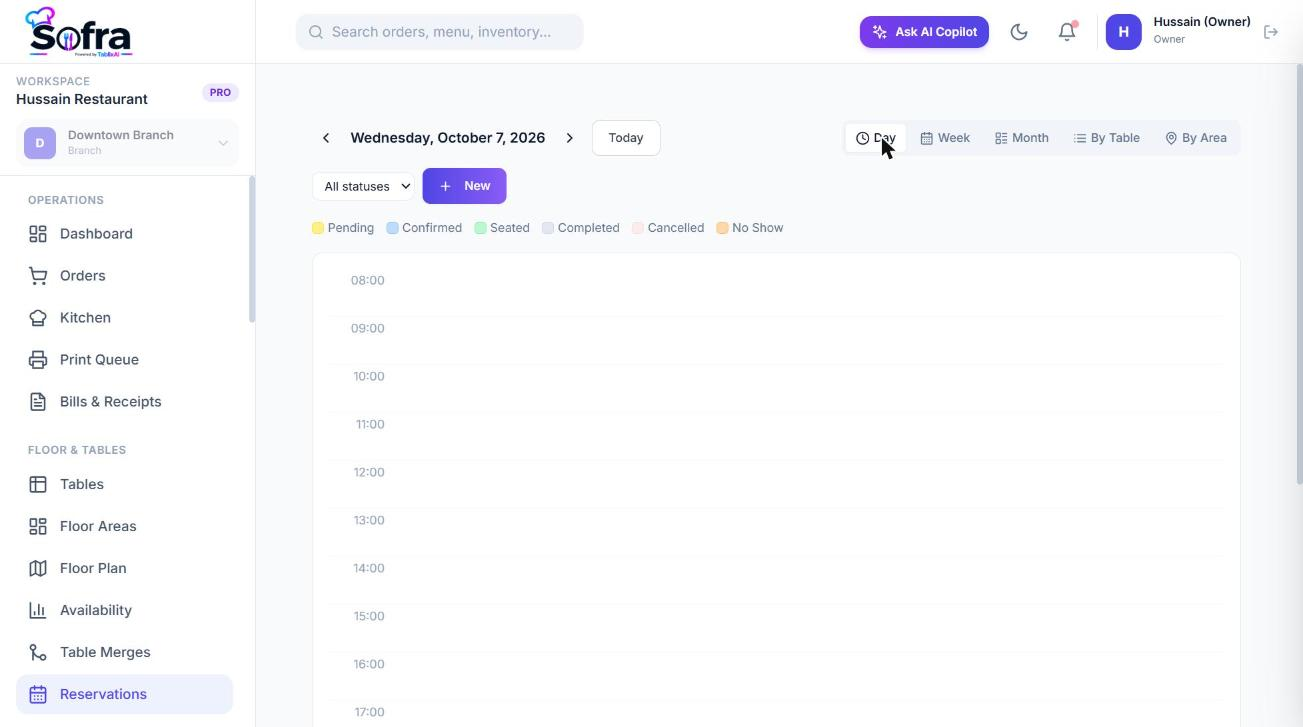 The reservations calendar in Day view, by table.