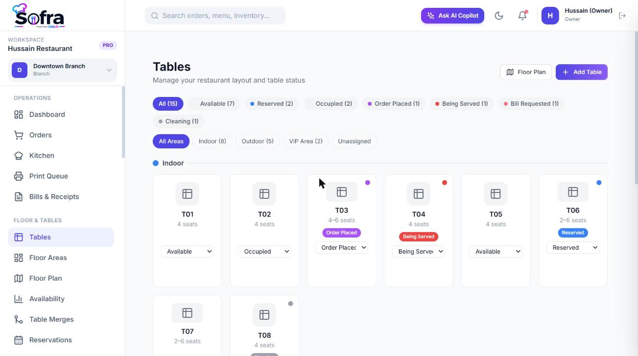 The Tables page with status badges and the add-table form.